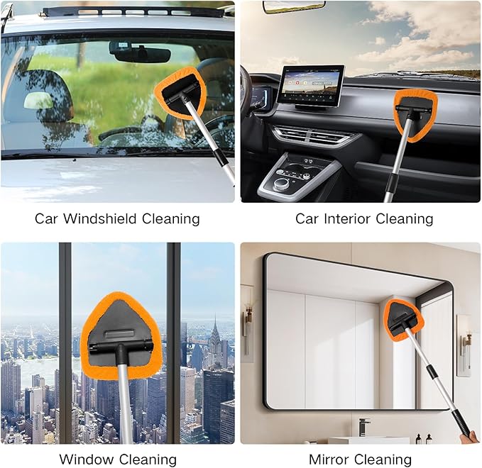 Qydipclin 11pcs Windshield Cleaner Tool, Car Window Cleaning Wash Kit with 6 Reusable Microfiber Pads 2 Spray Bottles and Extendable Handles Auto Glass Wiper Kit, Orange