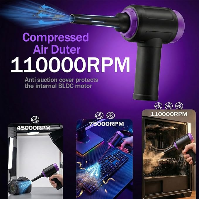 14.5KPA Computer Vacuum Cleaner &Cordless Electric Air Duster 3-in-1,110000RPM Replaces Canned Air for PC Tower &Laptop Sewing Machine Keyboard Vac USB Rechargeable Desk Crumbs Dust Cleaner