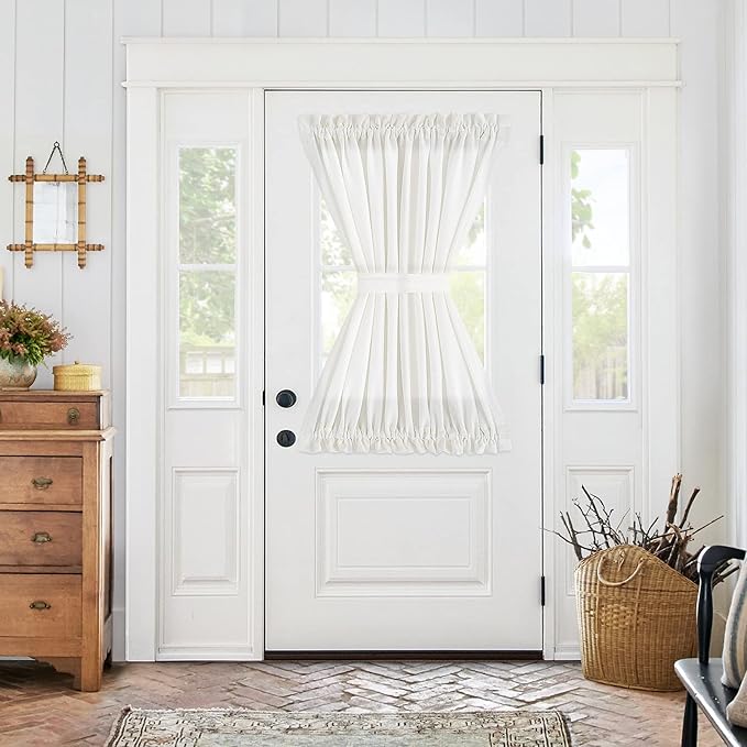 jinchan French Door Curtain 40 Inch Length Farmhouse Rustic Light Filtering Door Window Curtain Rod Pocket Tieback Included 1 Panel White