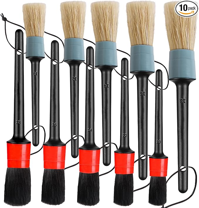 Detailing Brush Set - 10 Pcs Detail Brushes Car Detailing, Auto Boar Hair Car Detail Brush for Cleaning Car Interior Exterior, Vehicles Wheels Leather Engine Dashboard