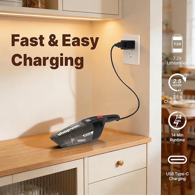 Shop-Vac Wet/Dry Handheld Vacuum Cordless, Powerful Portable Car Vacuum Rechargeable, Wall-Mounted Hand Vac with Crevice Tool, Lightweight Hand Vacuum for Home & Car, Washable Filter, Black
