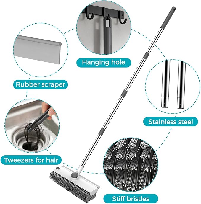 SetSail Floor Scrub Brush, 3 in 1 Floor Scrub Brush with 54-in Adjustable Long Handle and Scraper Heavy Duty Stiff Bristle Floor Scrubber for Cleaning Shower Bathroom Kitchen Patio Garage, Grey&White