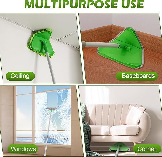 Wall Cleaner Triangle Mop with 82'' Long Handle - Wall Scrubber, Cleaning Washer Tool with 4 Microfiber Chenille Duster Pads for Clean Walls, Ceiling, Windows, Baseboards, Floors (Green, 4 Pads)