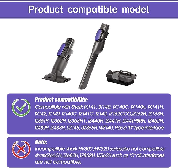 Vacuum Crevice Tool Brush Replacement Parts Compatible with Shark Pet Cordless Stick IX141 IZ162H IZ163H IZ362H IZ562H IZ140 IZ142 UZ145 Removable two-in-one Tool Brush Attachments for D-Shaped Vacuum
