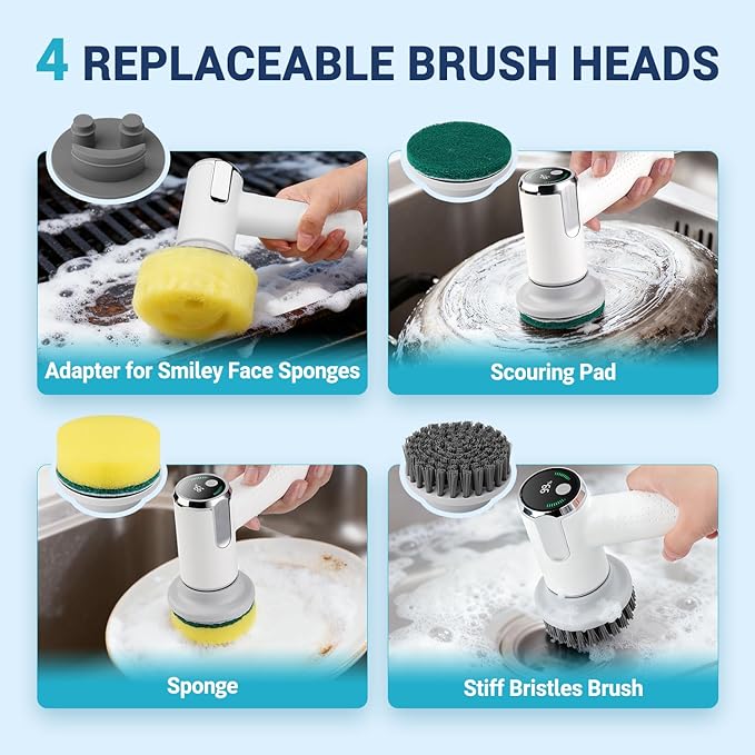 Electric Spin Scrubber Compatible with Scrub Daddy/Mommy, Coinicxcel 2-Speed Option IP7X Waterproof Smile Sponge Dish Wand Holder with 4 Replaceable Heads, Lightweight for Oven/Stove/Sink