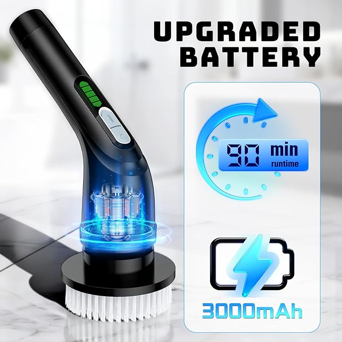 Highyes Electric Spin Scrubber, Powerful 2-Speed Cleaning Brush, IPX7 Waterproof with 7 Reusable Brush Heads & Extendable Handle, for Bathroom Toilet Shower Kitchen Wall Tile Floor Grout (Black)