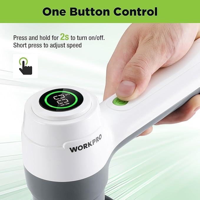 WORKPRO 8V Electric Spin Scrubber, 3-Speed Adjustable Shower Scrubber with 6 Replaceable Brush Heads, IPX6 Waterproof Electric Scrubber for Cleaning Bathroom, Kitchen Sinks, and Windows