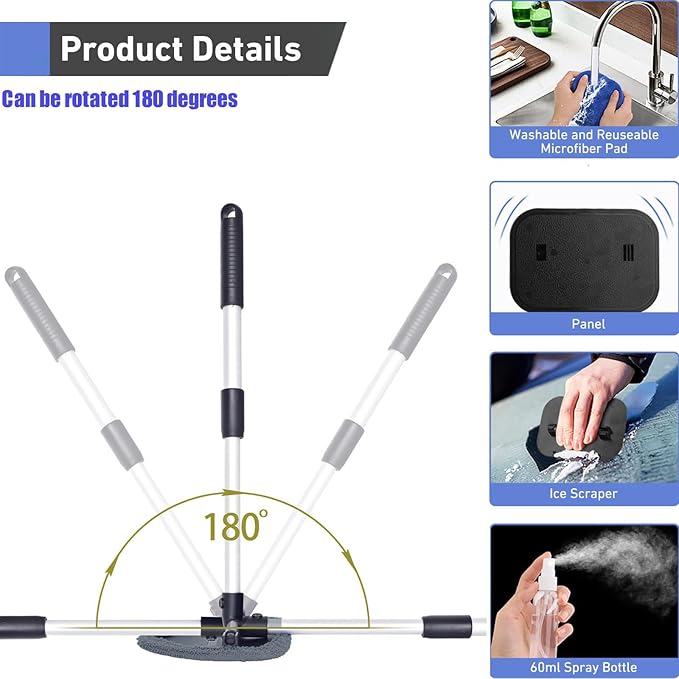 desin Windshield Cleaning Tool, Car Window Cleaner Windshield Cleaner with 4 Reusable and Washable Microfiber Pads and Extendable Handle Auto Inside Glass Wiper