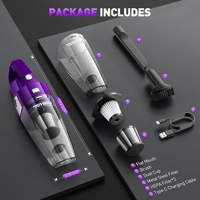 Handheld Vacuum Cordless, 15000PA Powerful Suction Car Vacuum Cleaner Lightweight with Multi Accessories, Hand held Vacuum Cleaner Cordless Rechargeable for Car Home