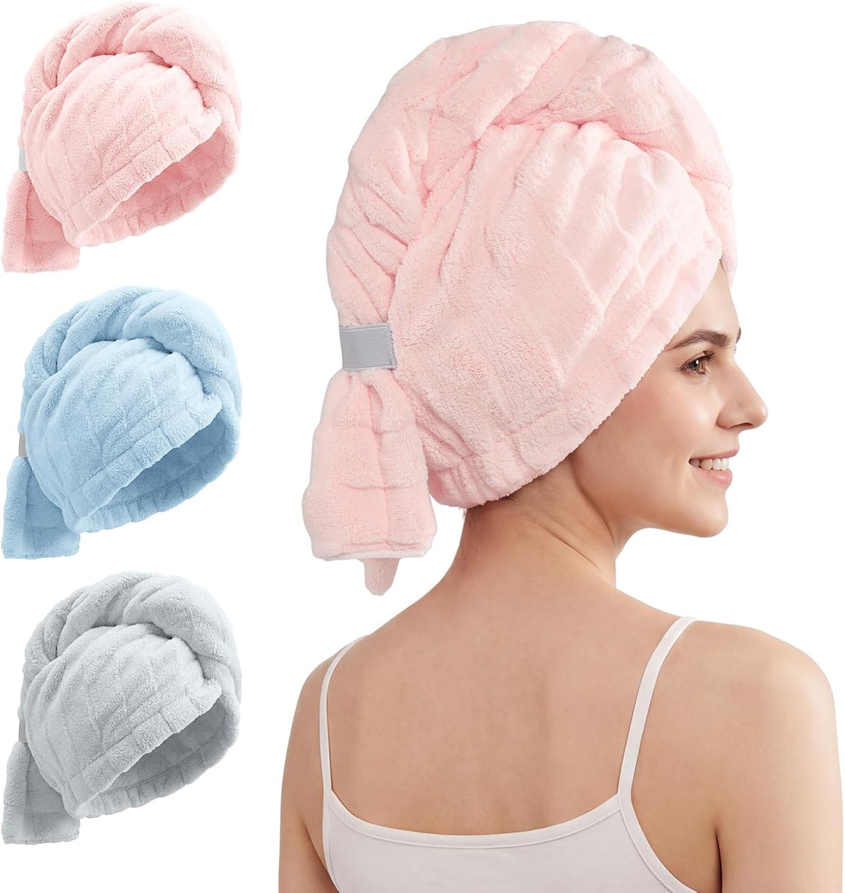 3 Pack Microfiber Hair Towel Wrap for Women, Super Absorbent Quick Dry Hair Turban for Thick Long Curly Hair, Large Stay-Put Anti-Frizz Hair Drying Towels, Pink Blue Gray