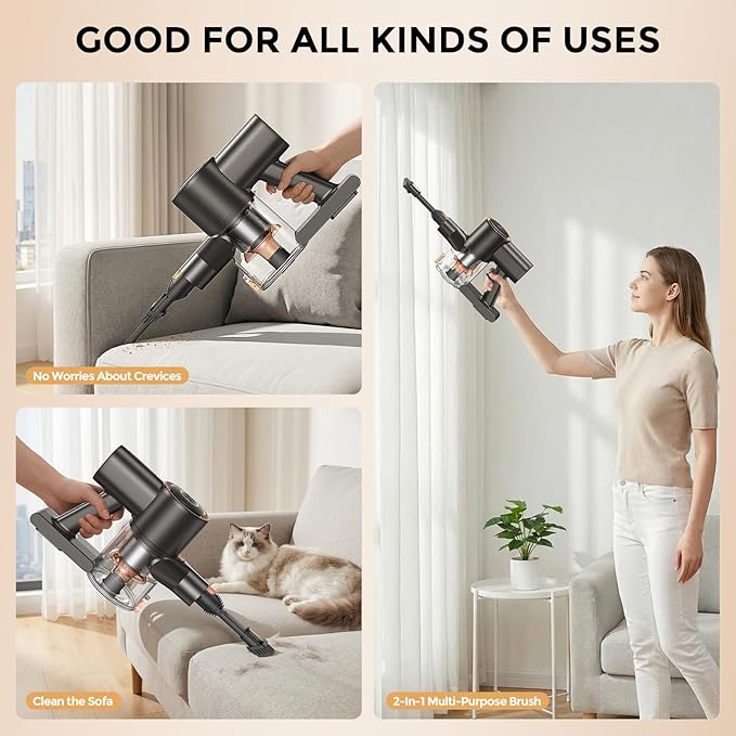 Cordless Vacuum Cleaner, Stick Vacuum with LED Display, Real-Time Battery Level Rechargeable Cordless Vacuum with 2 Adjustable Suction Modes, 40 Mins Runtime Handheld Vacuum for Home（Rose Gold）