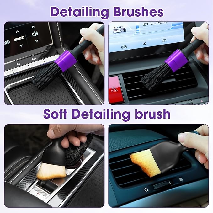 Purple Windshield Cleaner Tool, Car Interior Cleaning Kit with Extendable Handle and 3 Reusable Microfiber Pads, Auto Glass Wiper and Detailing Brush Kit for Car & Home Window