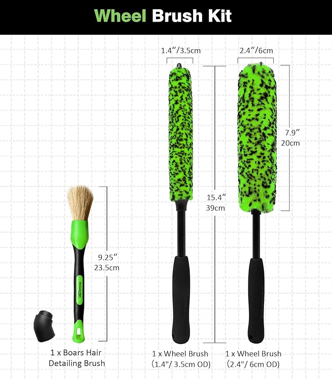 YeewayVeh 3PCS Quick Car Wheel Brush Kit, 2-Size 360° Bendale Rim Cleaner Brushes, Boars Hair Detailing Brush, Fast Scratch-Free Cleaning for Car Wheels, Motorcycle, Green