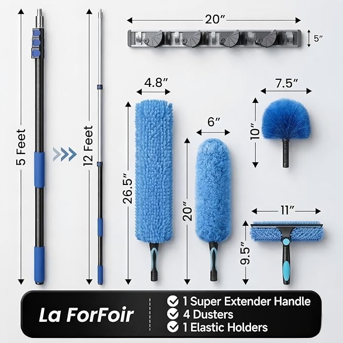 20ft High Ceiling Duster Kits with 5-12ft Heavy Duty Extension Pole - Fan Blade Cleaner, Cobweb Remover & Blue Window Squeegee Kit, Washable Dust Brush for High Roof and Glass Surfaces