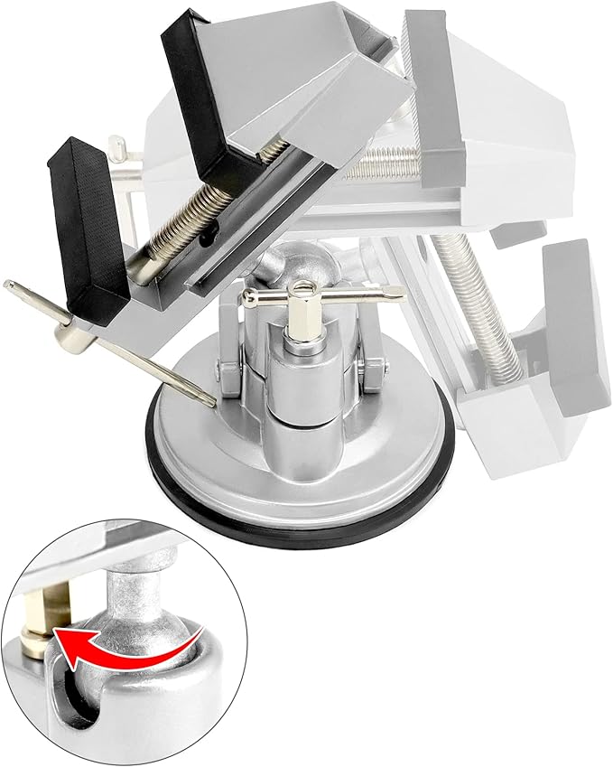 QWORK Portable Vacuum Base Vise with Multi-Angle Rotation - 3.15" Jaw Width Pivots Vise Portable Vacuum Base Vise, for Various Smooth Work Surfaces
