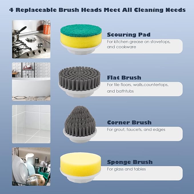 Electric Spin Scrubber Cordless Power Cleaning Brush with 4 Replaceable Brush Heads 2 Adjustable Speeds for Bathroom Kitchen Dishes Tub Sink Tile Window Floor Grout, White