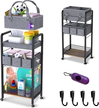 2IN1 Baby Diaper Caddy Organizer-3 Tier Rolling Storage Cart with Dividers - Bedside Diaper Caddy Cart for Baby Nursery 
