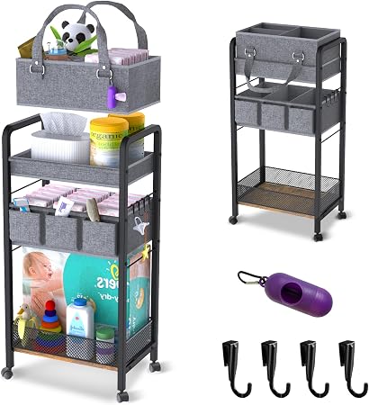2IN1 Baby Diaper Caddy Organizer-3 Tier Rolling Storage Cart with Dividers - Bedside Diaper Caddy Cart for Baby Nursery 