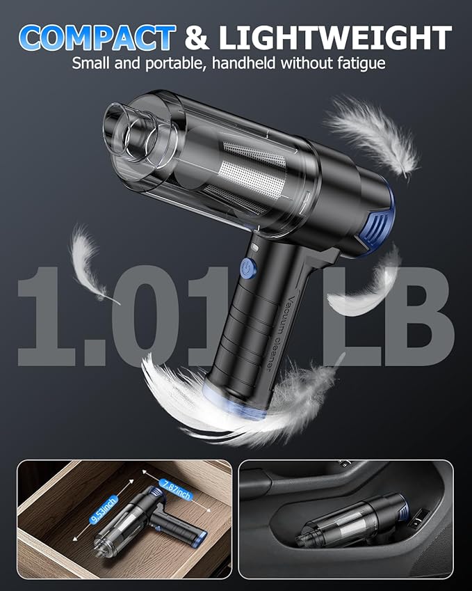 AHNR Handheld Car Vacuum Cleaner Cordless with 16000PA Powerful Suction, 4-in-1 Portable Mini Vacuum Cleaner & Air Duster with Multi-Accessories, Hand Held Vacuum Cordless Rechargeable for Car Home