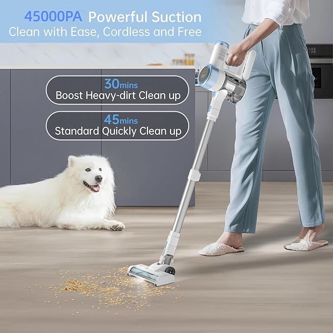Cordless Stick Vacuum Cleaner, 45KPA Powerful Suction 50Mins Runtime, Lightweight 6-in-1 Vacuum with LED Touch Screen Anti-Tangle for Pet Hair Hard Floor Carpet Home Car