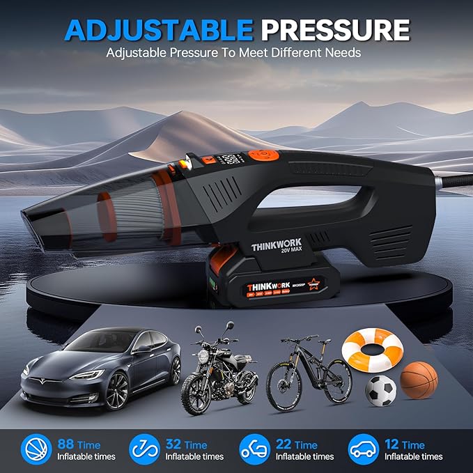 THINKWORK 20V Car Vacuum & Air Inflator, Dual Function High Power Handheld Cordless Vacuum with 18000pa Suction Power for Car Cleaning, Household Dust Removal, Inflation