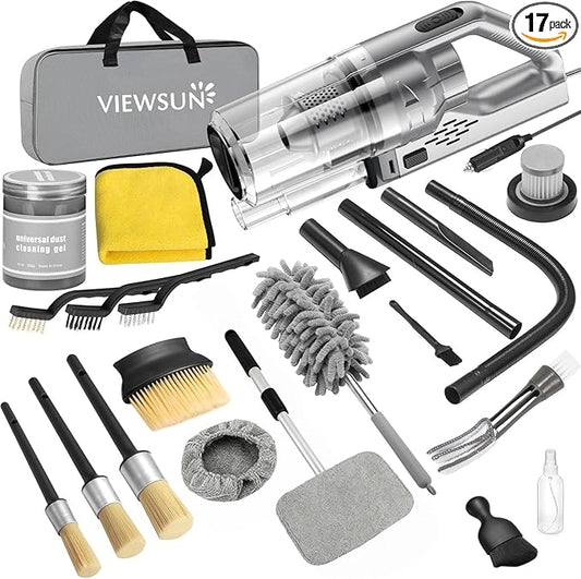Car Cleaning Kit, 17PCS Car Interior Detailing Kit with Gray High Power Handheld Vacuum, Detailing Brush Set, Windshield Cleaner, Cleaning Gel, Complete Auto Accessories for Men, Women