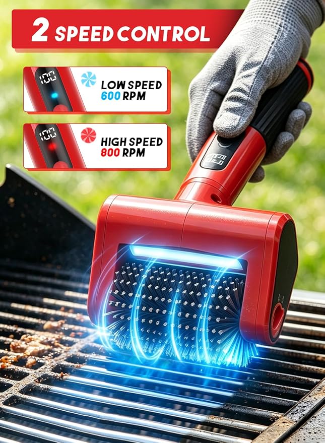 800 RPM Electric Grill Brush for Outdoor, 2-Speed High Power BBQ Cleaning Tool, 4000mAh Cordless Scrubber with LED Light, Non-Shedding Brush & 2 Scouring Pads for Gas/Charcoal/Weber Grates