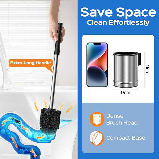 HAMITOR Toilet Bowl Brush Set: Compact Space-Saving Design with Hidden Holder for Small Bathrooms, Apartments & RVs - Bathroom Cleaning Accessories - Rustproof Toilet Scrubber Cleaner Kits Silver