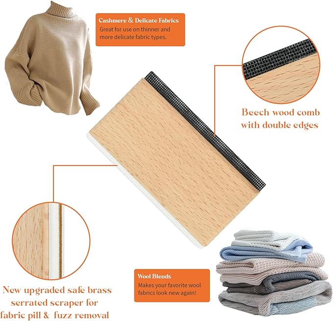 Cashmere Comb - Double Edge Sweater Pill Remover, Beech Wood Fabric Fuzz & Lint Remover for Wool, Cashmere, Knitwear & Home Textiles(1 PCS)