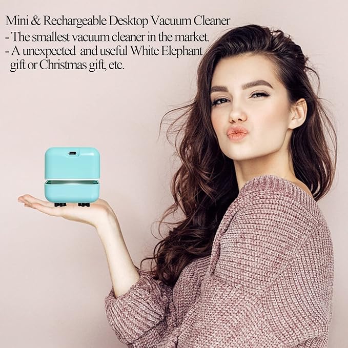 White Elephant Gifts, Mini Desk Vacuum Cleaner, Rechargeable Desktop Vacuum Sweeper with USB Brush as Present to Suck up Fine Particle Bread Crumbs Dust Ash Pet Fur Eraser Waste(Blue)