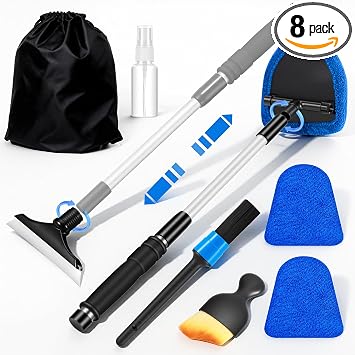 Windshield Cleaner Tool, Car Interior Cleaning Kit with Extendable Handle and 3 Reusable Microfiber Pads, Auto Glass Wip