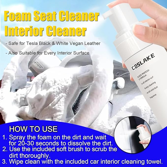 for Tesla Interior Cleaner Kit 9PCS, Foam Seat Cleaner Safe for Tesla Black & White Vegan Leather, with Screen Cleaner, Plastic Restorer, Car Detailing Kit for Model Y/3/S/X Accessories