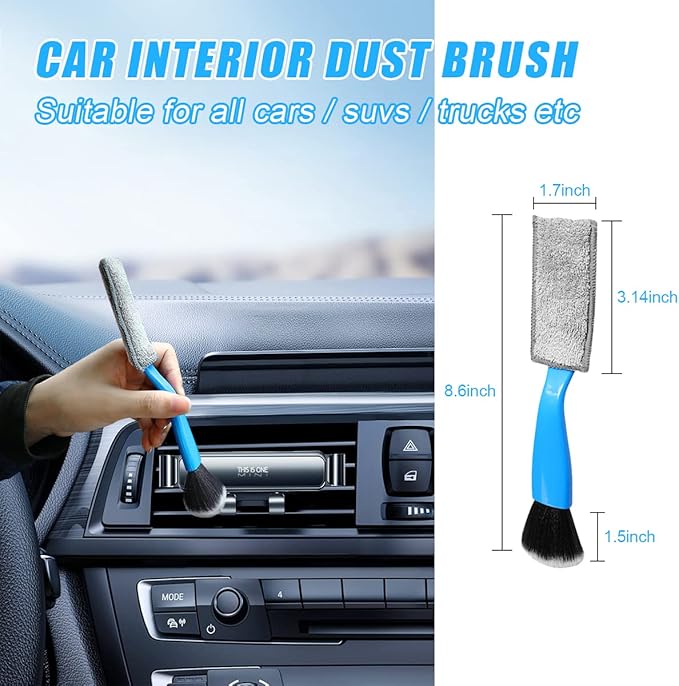 Ziciner 2 PCS Double Head Brush for Car Clean, Soft Auto Interior Duster Detailing Brushes, Universal Vehicle Dashboard Screen, Air Vents, Computer etc Cleaning Tool Accessories (Blue)