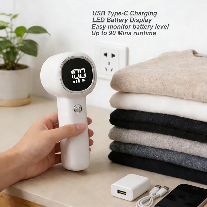 Fabric Shaver Lint Remover Rechargeable with Digital Display，3-Speeds Sweater Shaver to Remove Pilling Defuzzer Fabric Shaver for Clothes, Couch, Curtain, Blanket,Furniture, White