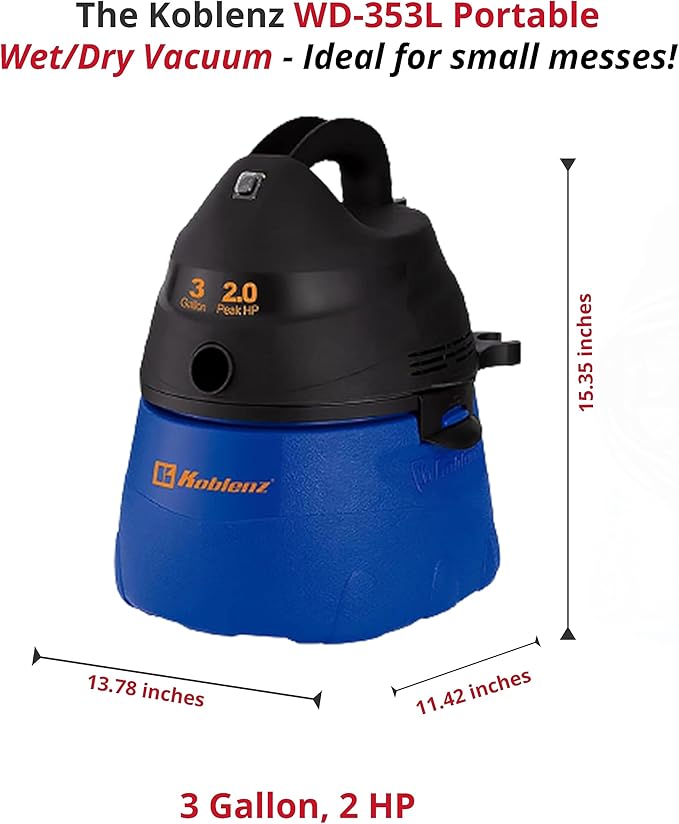 Koblenz Wet Dry Vacuum Cleaner, 3 Gallon 2.0 PHP, Twist-N-Lock Hose, Small Shop Vac, Portable Shop Vac for Home Car Garage Workshop, 10 ft Reach, Accessories Included, Blue/Black, WD-353L