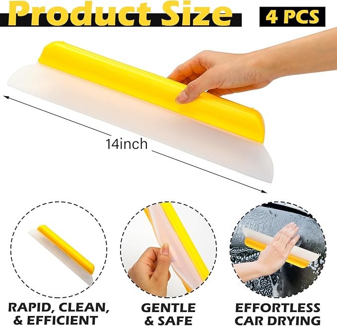 4 Pack 14 inch Car Drying Squeegee Longer Silicone Automotive Water Wiper Flexible Auto T-Bar Rubber Blade for Car Windshield Glass Window Bathroom Shower Squeegees Wash Tool (Yellow)