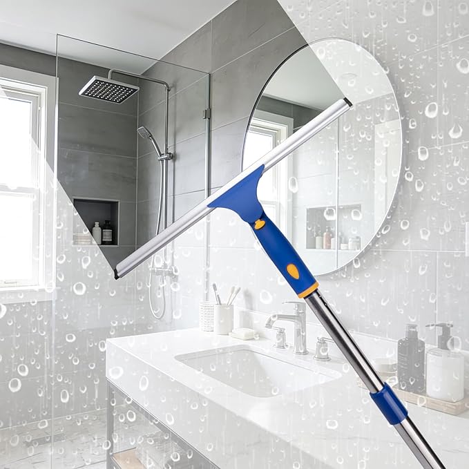 ITTAR 14-Inch Shower Squeegee for Glass Doors, Swivel Window Squeegee with Extension Pole, Adjustable Bathroom Squeegee for Shower Doors Mirror Windows Glass Car Windshield-1 Extra Rubber Blade