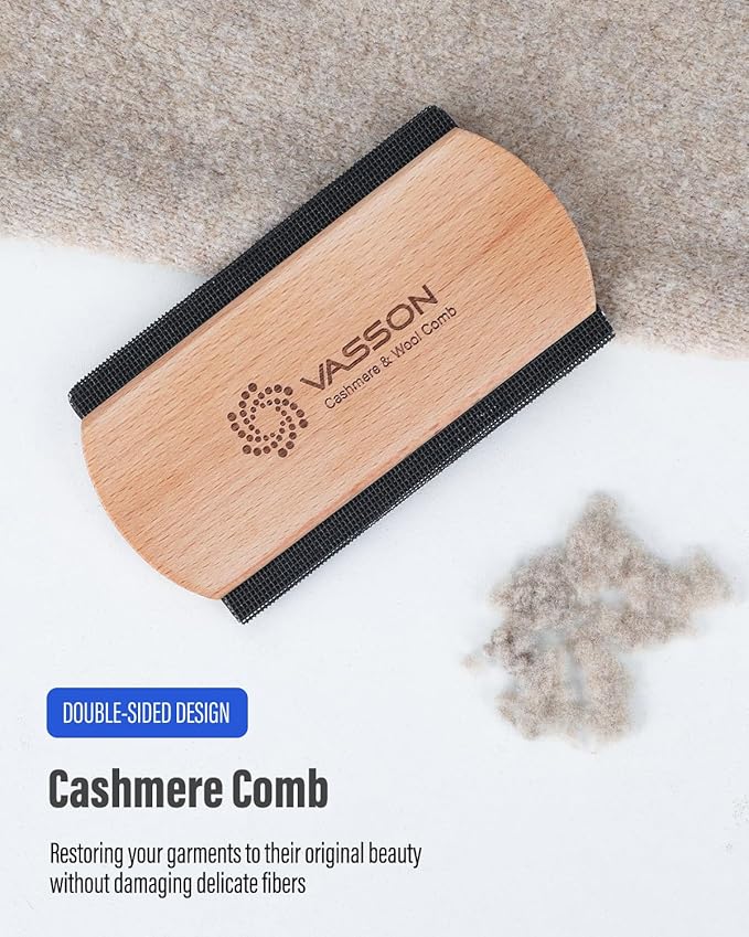 VASSON Cashmere Comb for Sweaters & Wool - Thicker Solid Beechwood Handle Fabric Shaver - 20% Larger Manual Depiller & Fuzz Remover for Knits, Scarves, and Coats (Dual-Sided Design)