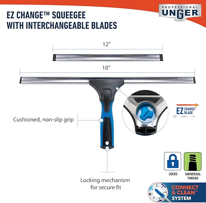 Unger Professional Connect and Clean 18” EZ Change Window & Glass Cleaning Squeegee,Large-and Small Windows,Rubber Blade Tool for Streak-Free Results,Includes 12” Channel,(Pack of 6)