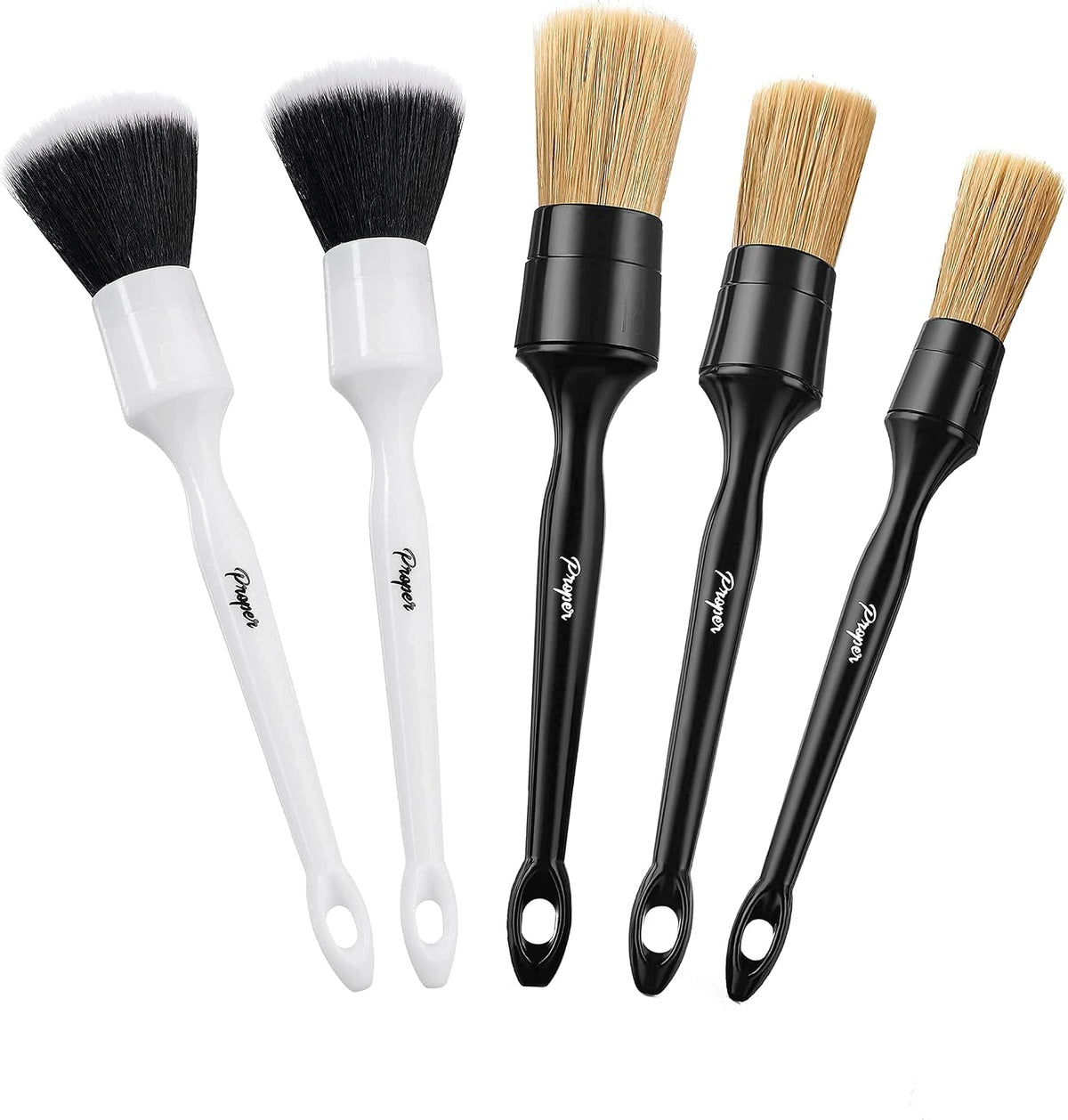 5 Pack Detailing Brush Set Bundle (3 Natural Boars Hair Brushes + 2 Ultra Soft Brushes)