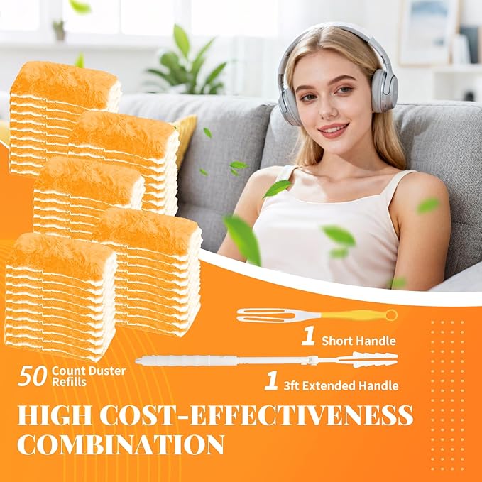 Duster Refill for Swiffer Duster, 50 Count Disposable Dusters Kit for Cleaning Dusting Furniture Blind Ceiling Fan, Multi Surface 360 Feather Duster + 3FT Extended Handle + Short Handle
