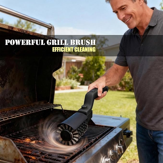 Cordless Electric Grill Brush with Adjustable Angle, 3-Speed Power Motor & Stainless Steel Head - Rechargeable, 90-Min Runtime, Waterproof Grill Cleaner for BBQ Grates & Griddles (Black)
