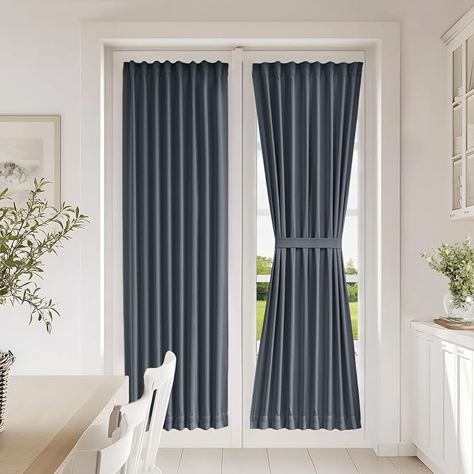 Vatge Gray Privacy French Door Curtain - Thermal Insulated Self Adhesive Blackout Door Curtains with Tieback, 1 Panel, W25 x L72, Grey