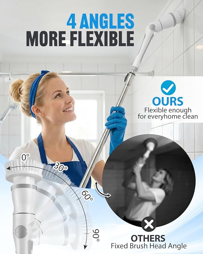Cordless Electric Spin Scrubber, 4 Angles with 8 Replaceable Brush Heads, Adjustable Handle 3 Speeds with LED Display-90Mins Runtime, IPX7 Waterproof Scrubber Cleaner Brush for Bathtub Bathroom