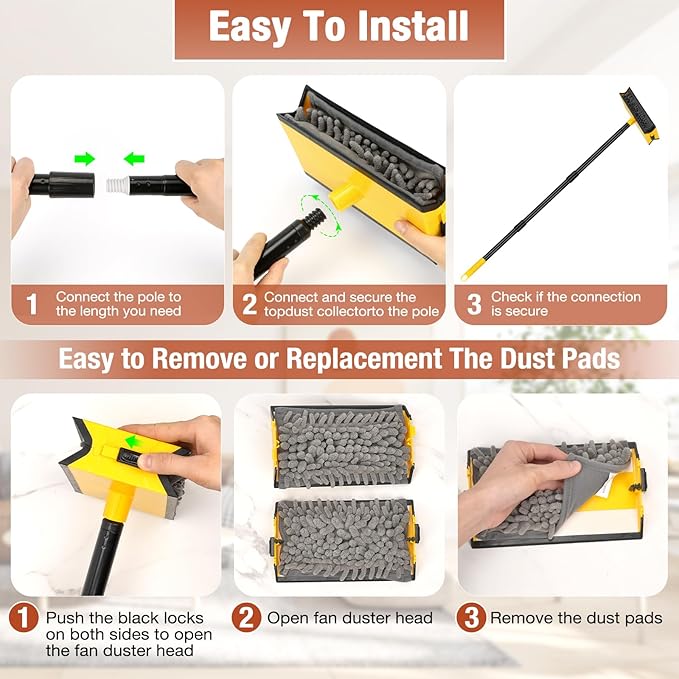 Ceiling Fan Cleaner Duster with Extension Pole, Fan Blade Cleaner Microfiber Cleaning Tool with Reusable Chenille Mop Head for High Ceiling Fan Blade Blinds Cobweb