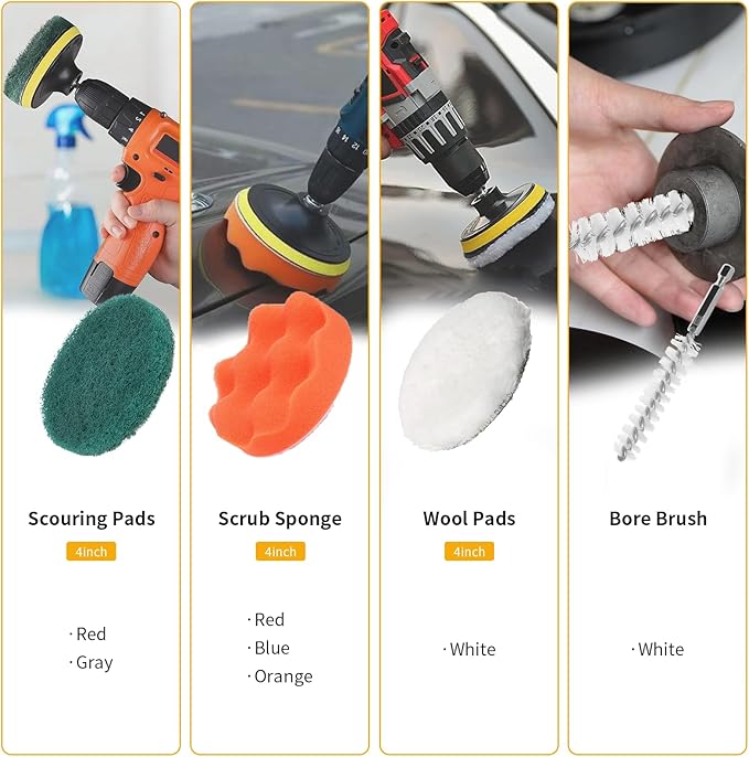 22 Pcs Drill Attachments Set, Scrub Pads & Sponge & Wire Brush, Power Scrubber with Extend Long Attachment, Drill Scrubber Brush Kit for Bathroom, Floor, Car, Grout