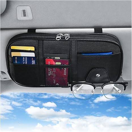 Car Sun Visor Organizer, Sunglass Holder and Storage Pocket, Card Cash Pouch with Multi-Pocket Net Zipper, Case Bag for 