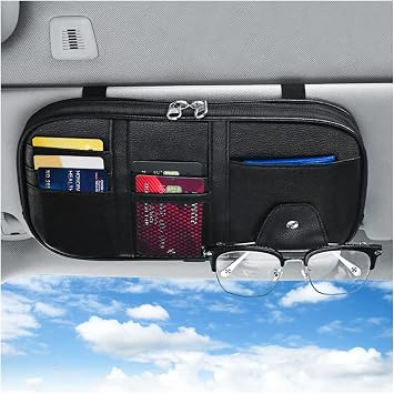 Car Sun Visor Organizer, Sunglass Holder and Storage Pocket, Card Cash Pouch with Multi-Pocket Net Zipper, Case Bag for 