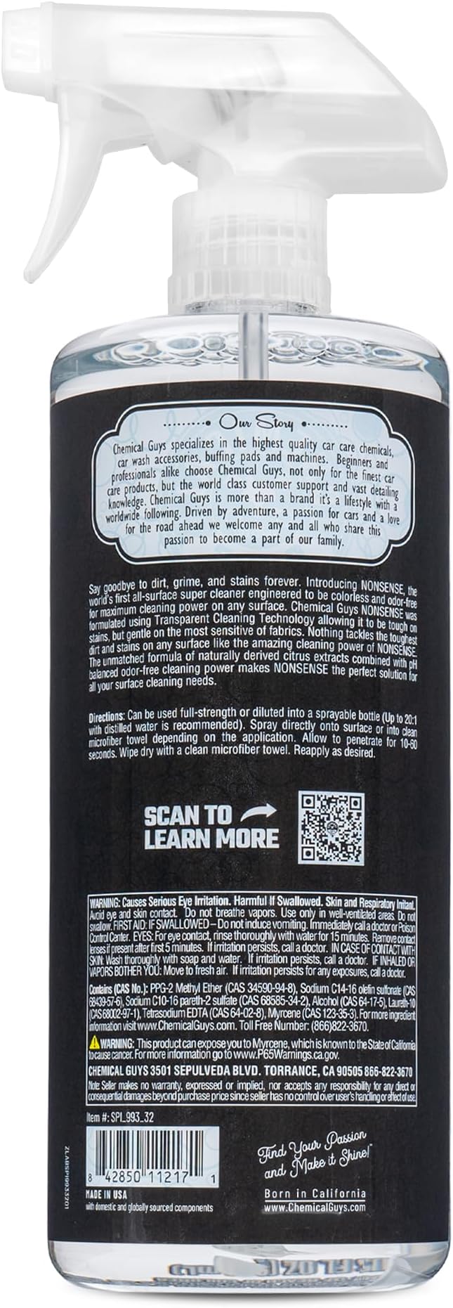 Chemical Guys Nonsense Colorless & Odorless All Surface Cleaner - Clear, Safe for Vinyl, Rubber, Plastic, Carpet, and Upholstery, pH Balanced, Residue-Free, Unscented, 32 oz Spray