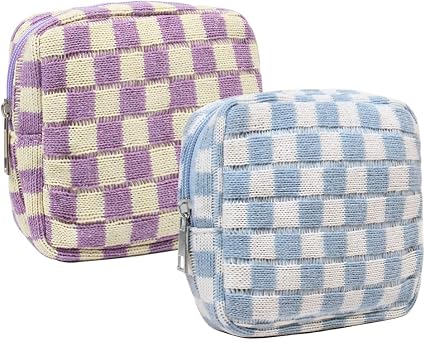2 Pieces Makeup Bag Small, Mini Checkered Make Up Bag Travel Cute Cosmetic Bags for Women Preppy Makeup Pouch for Purse 
